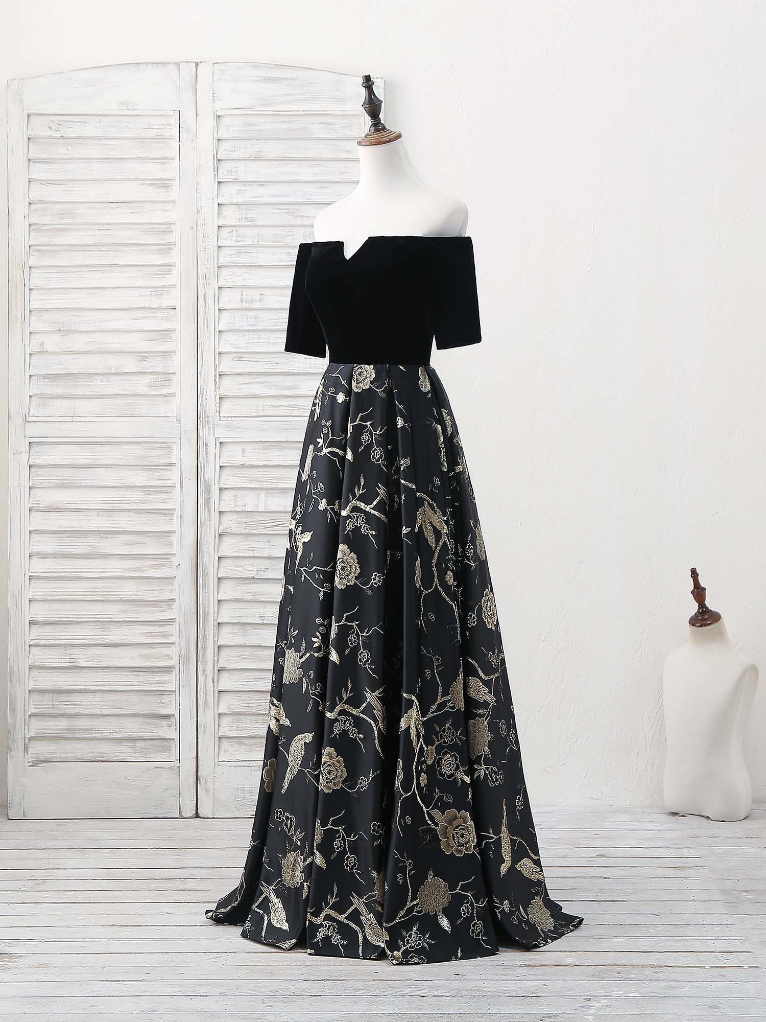 A-Line Off-the-Shoulder Floor-Length Satin Prom Dress with Jacquard Bird Pattern