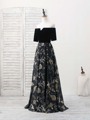 A-Line Off-the-Shoulder Floor-Length Satin Prom Dress with Jacquard Bird Pattern