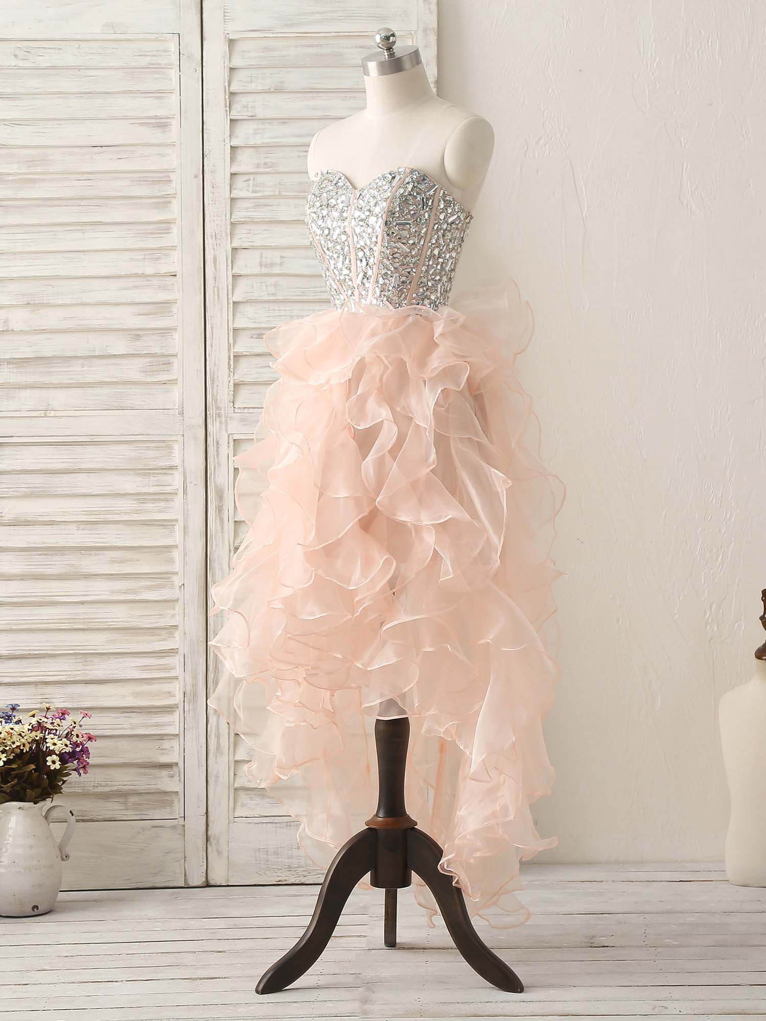 A-Line Sweetheart Neck High-Low Organza Dress with Beaded Bodice and Tiered Ruffles Homecoming Dress