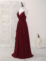 A-line V Neck Floor-Length Chiffon Prom Dress with Cascading Ruffle Detail