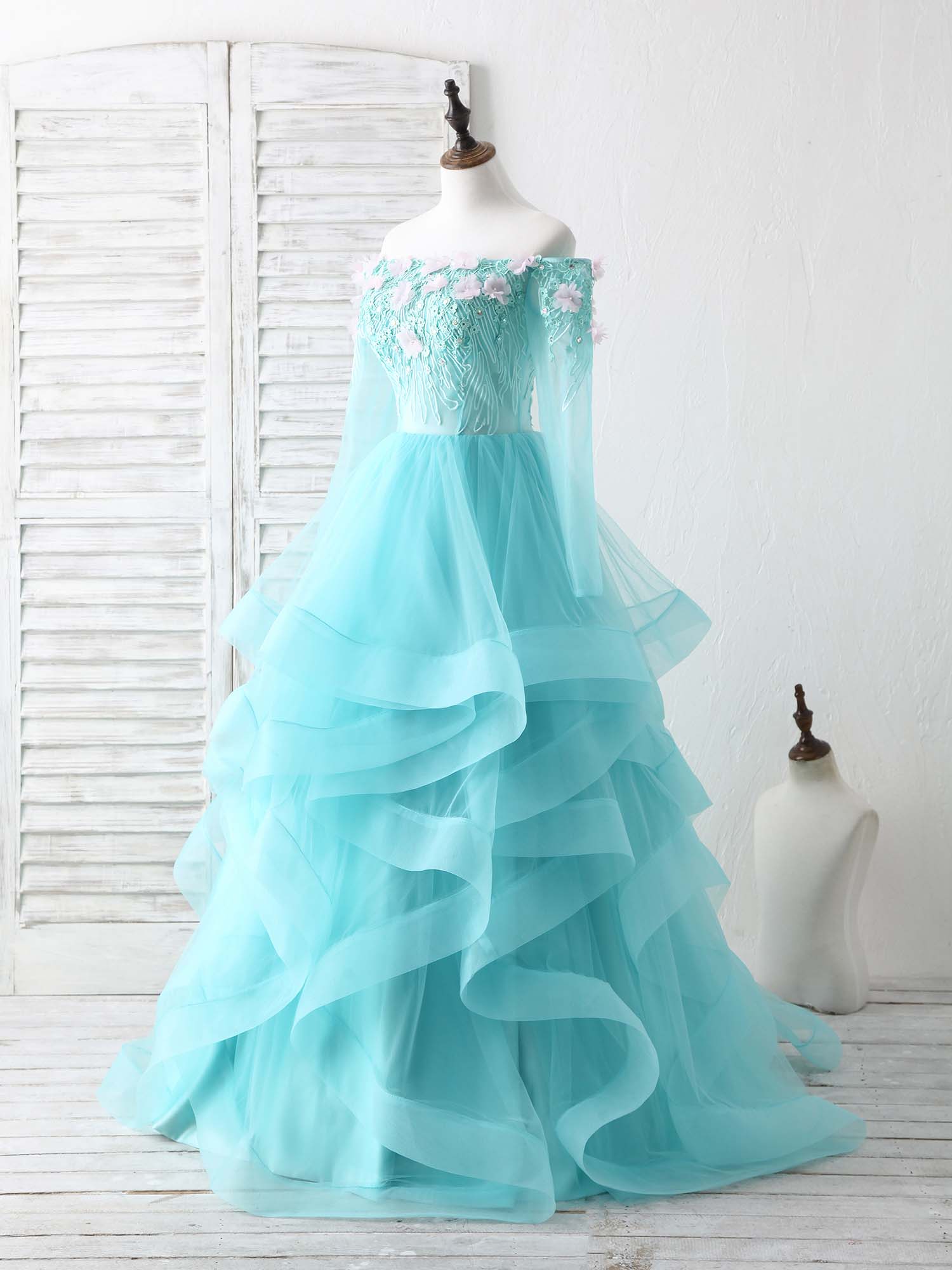 A-Line Off-the-Shoulder Floor-Length Tulle & Lace Prom Dress with Tiered Ruffle Skirt