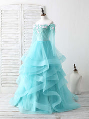A-Line Off-the-Shoulder Floor-Length Tulle & Lace Prom Dress with Tiered Ruffle Skirt