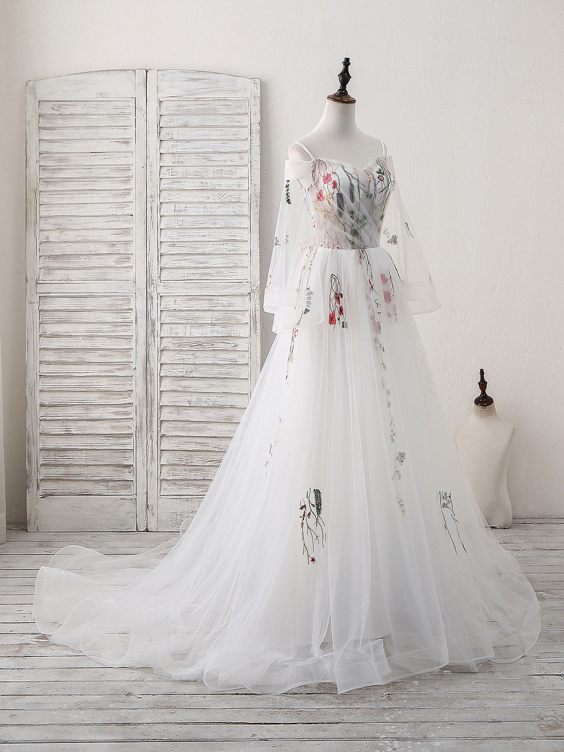 Off-the-Shoulder A-line Floor-Length White Prom Dress with Floral Embroidery and Sleeves