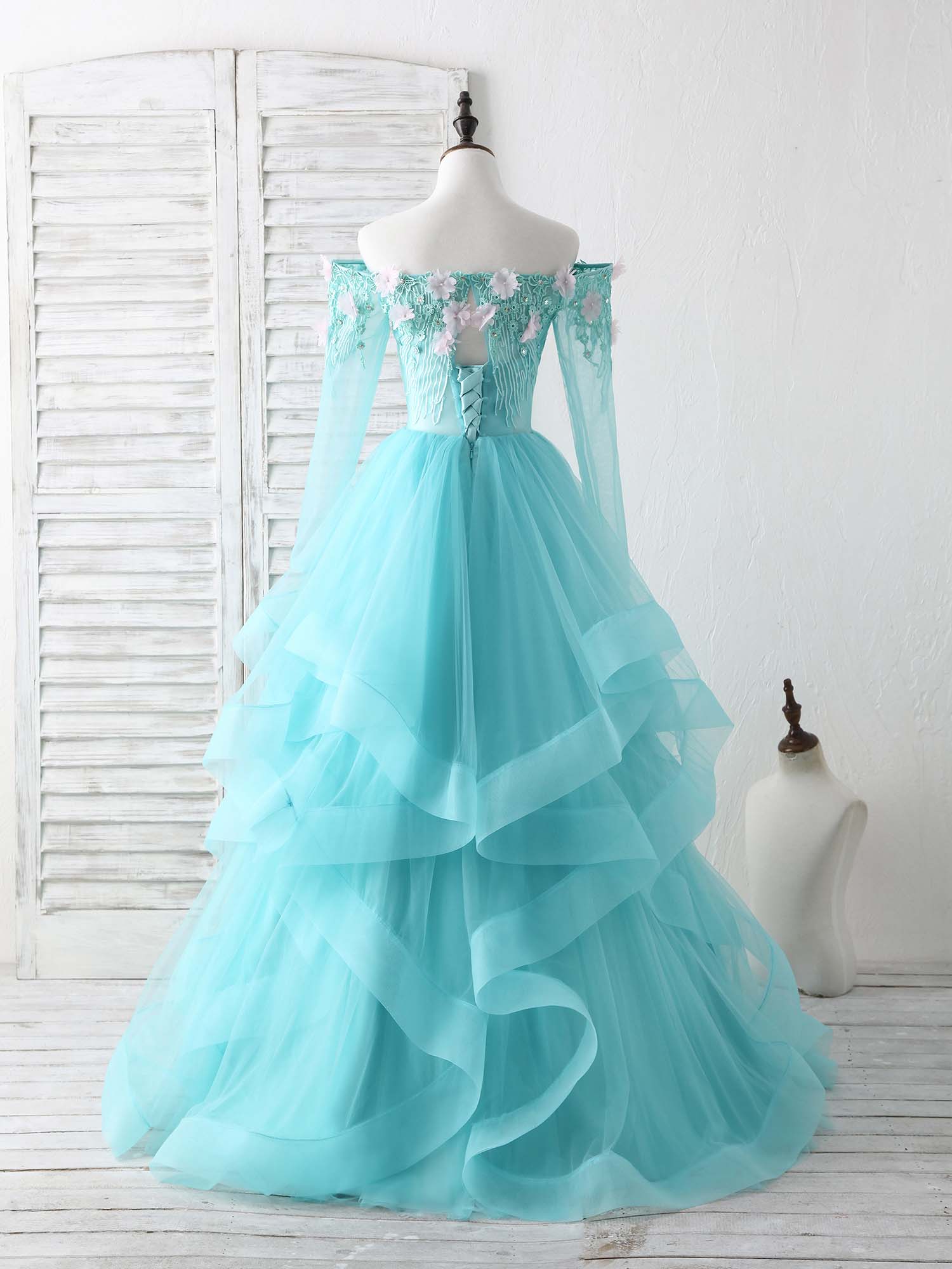 A-Line Off-the-Shoulder Floor-Length Tulle & Lace Prom Dress with Tiered Ruffle Skirt