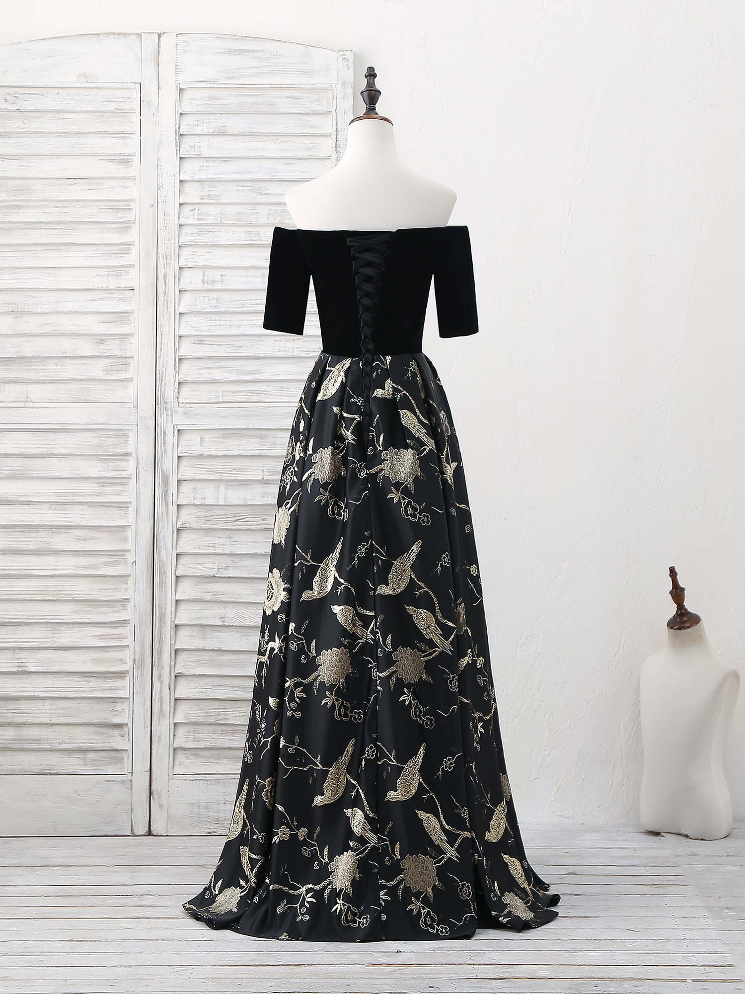A-Line Off-the-Shoulder Floor-Length Satin Prom Dress with Jacquard Bird Pattern