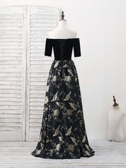 A-Line Off-the-Shoulder Floor-Length Satin Prom Dress with Jacquard Bird Pattern