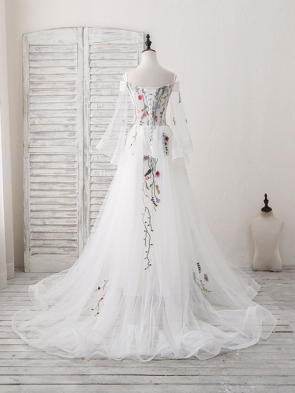 Off-the-Shoulder A-line Floor-Length White Prom Dress with Floral Embroidery and Sleeves