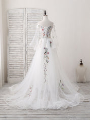 Off-the-Shoulder A-line Floor-Length White Prom Dress with Floral Embroidery and Sleeves