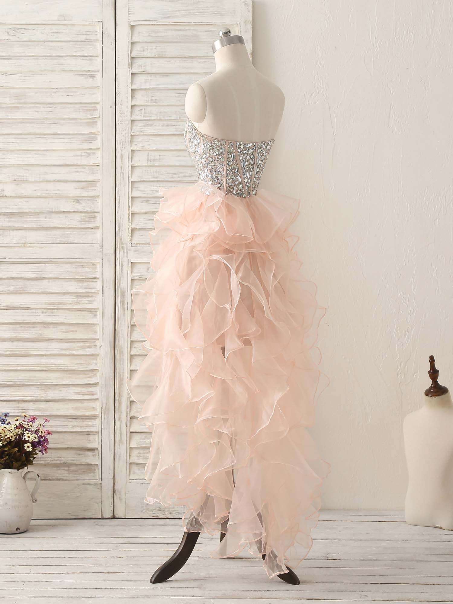 A-Line Sweetheart Neck High-Low Organza Dress with Beaded Bodice and Tiered Ruffles Homecoming Dress
