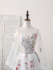 Off-the-Shoulder A-line Floor-Length White Prom Dress with Floral Embroidery and Sleeves