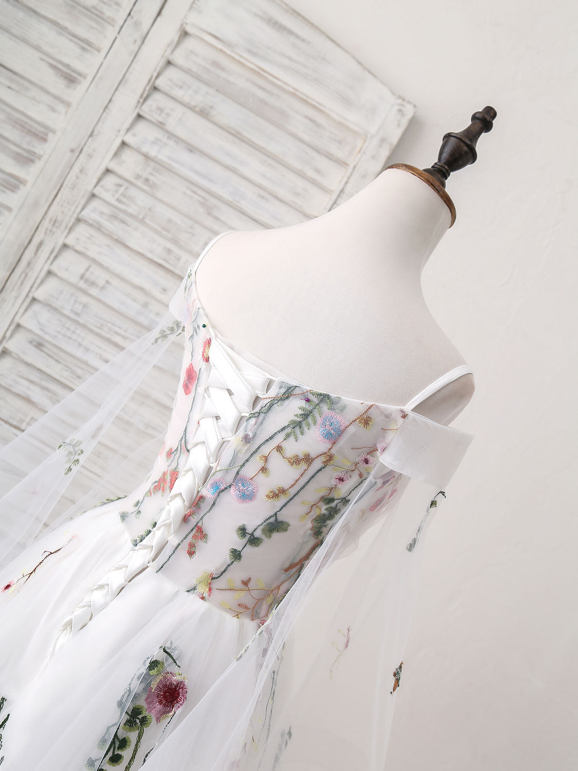 Off-the-Shoulder A-line Floor-Length White Prom Dress with Floral Embroidery and Sleeves