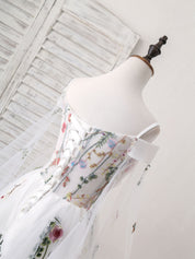 Off-the-Shoulder A-line Floor-Length White Prom Dress with Floral Embroidery and Sleeves