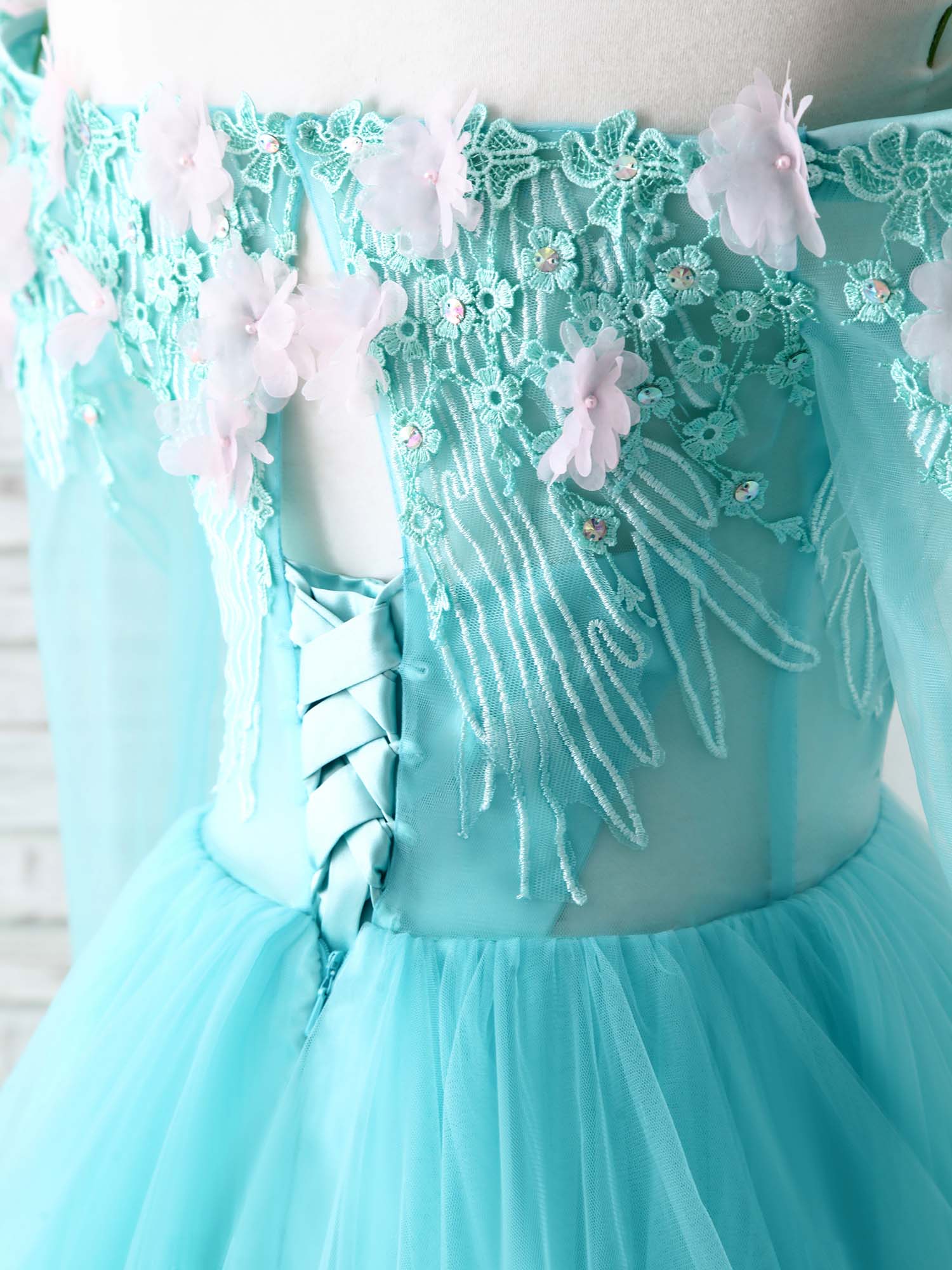 A-Line Off-the-Shoulder Floor-Length Tulle & Lace Prom Dress with Tiered Ruffle Skirt