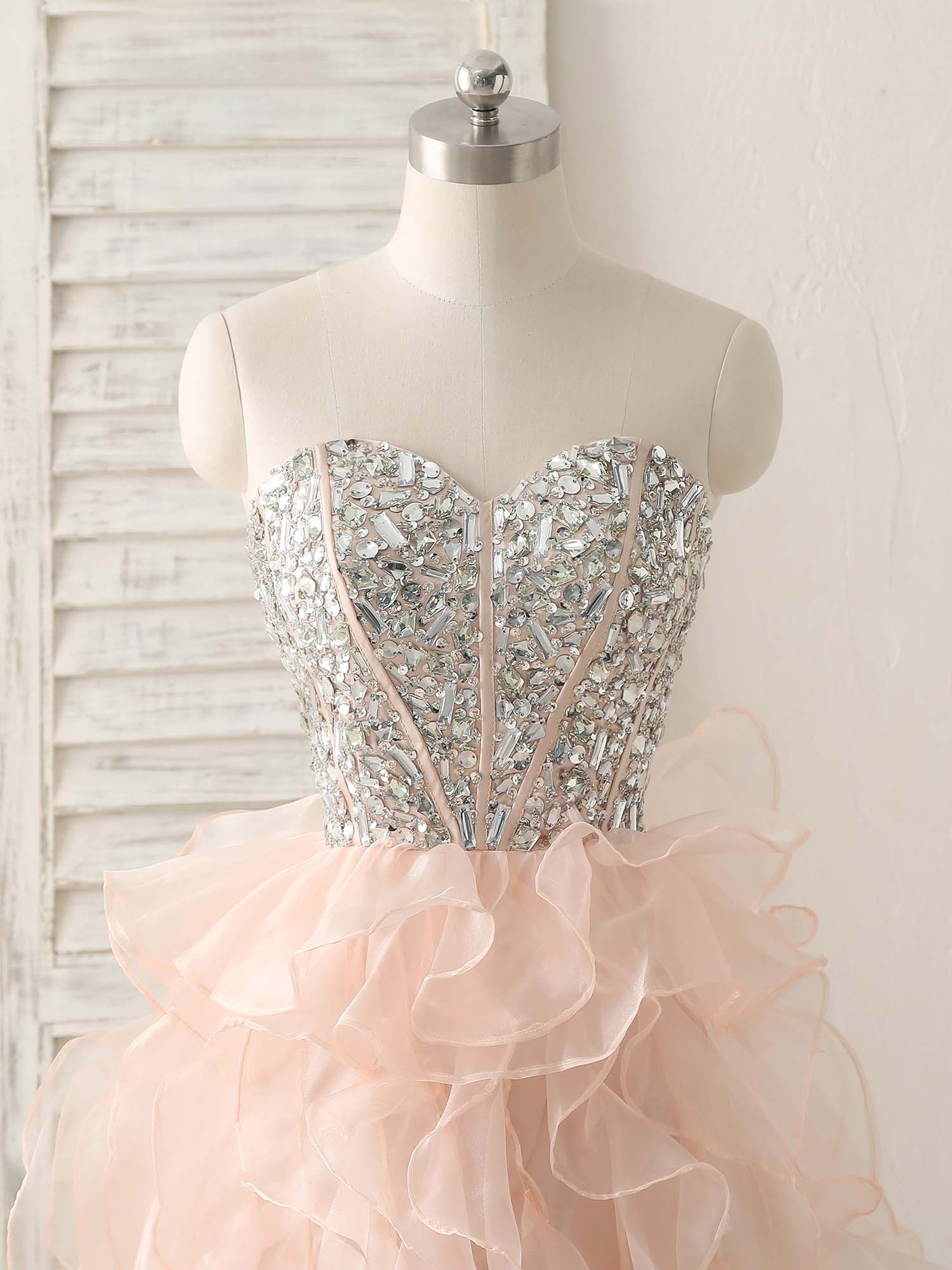 A-Line Sweetheart Neck High-Low Organza Dress with Beaded Bodice and Tiered Ruffles Homecoming Dress