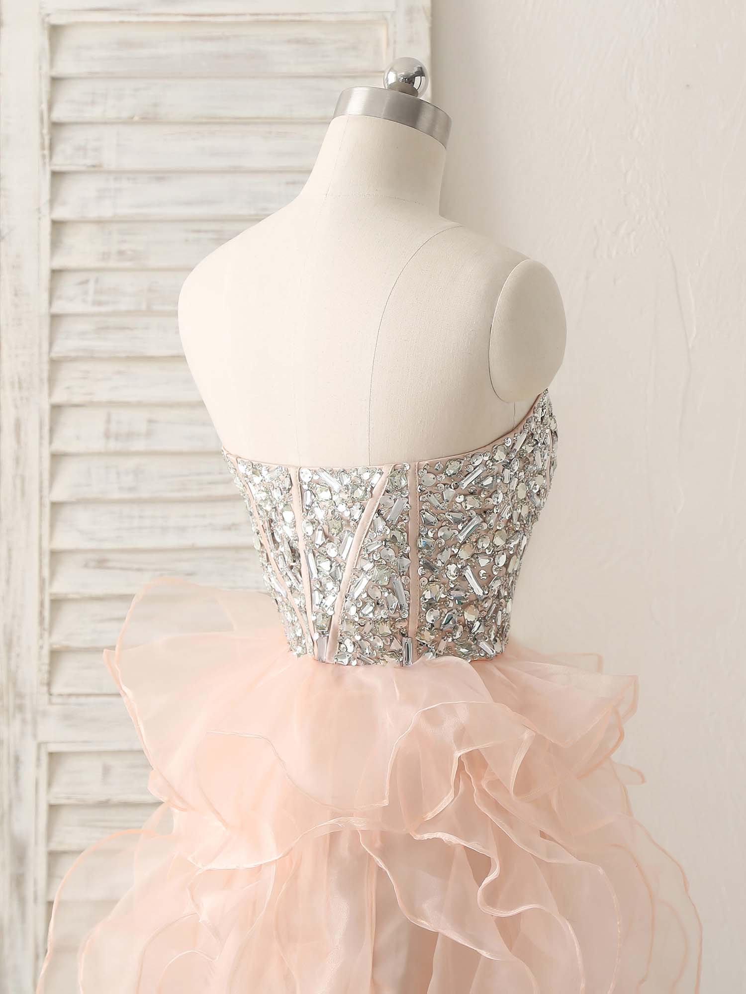 A-Line Sweetheart Neck High-Low Organza Dress with Beaded Bodice and Tiered Ruffles Homecoming Dress