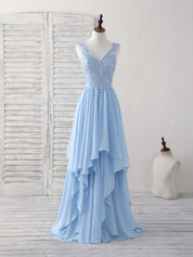 A-line V-Neck Floor-Length Chiffon Lace Prom Dress with Layered Cascading Skirt