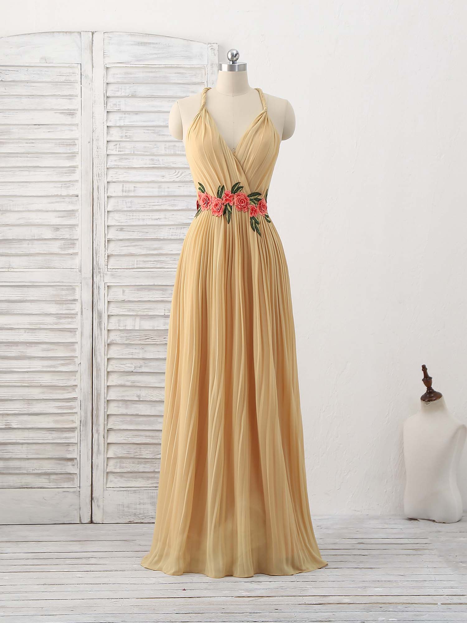 A-line V Neck Floor-Length Chiffon Prom Dress with Floral Embroidery