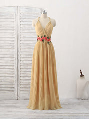 A-line V Neck Floor-Length Chiffon Prom Dress with Floral Embroidery