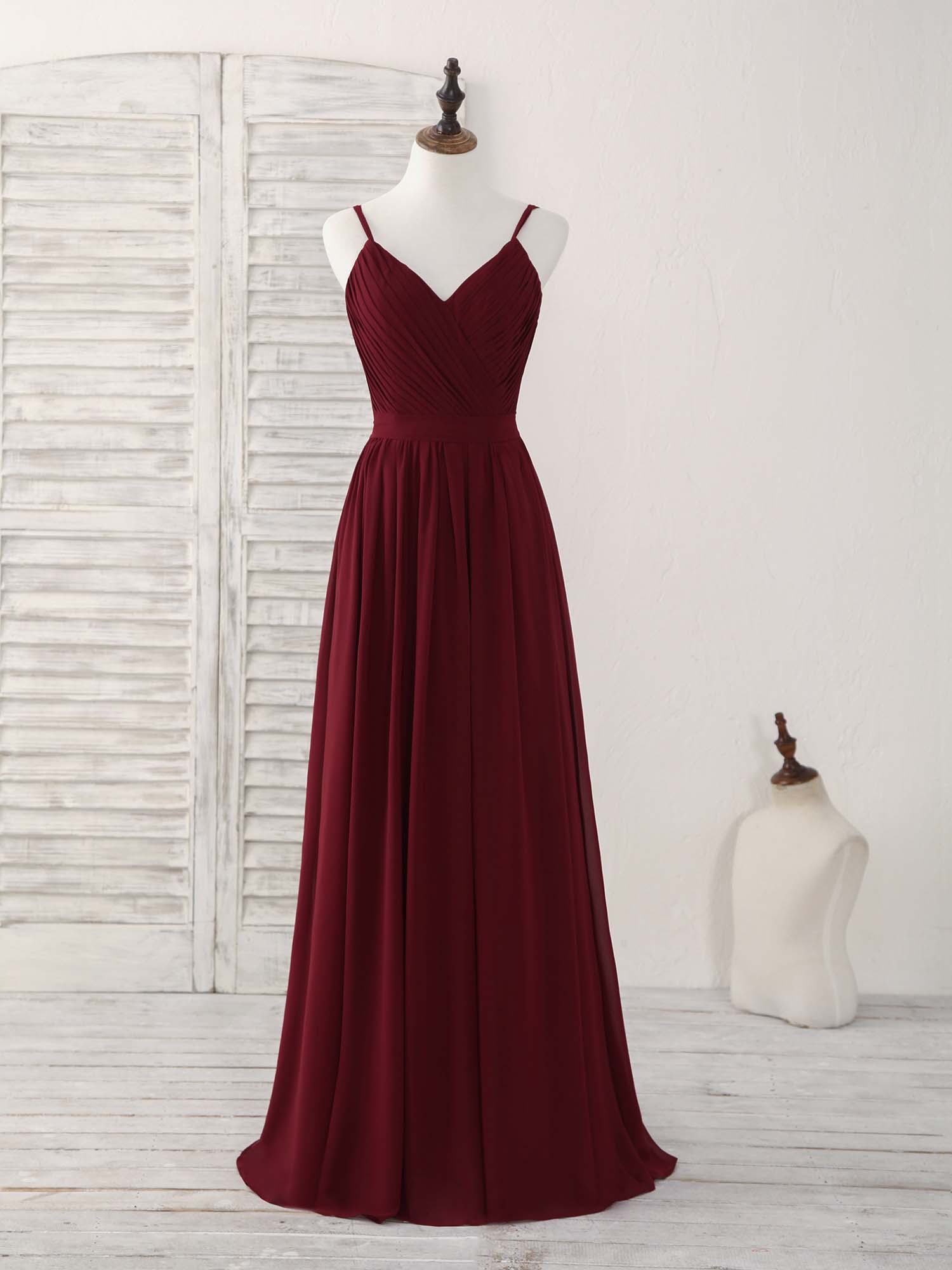 Simple A-Line V-Neck Floor-Length Burgundy Chiffon Lace-Up Prom Dress