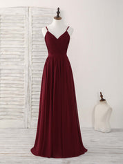 Simple A-Line V-Neck Floor-Length Burgundy Chiffon Lace-Up Prom Dress