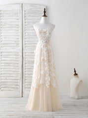 A-line Strapless Floor-Length Tulle Lace Prom Dress with 3D Floral Appliqué Overlay