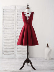 A-line Deep V Neck Knee-Length Satin Homecoming Dress with Crisscross Straps