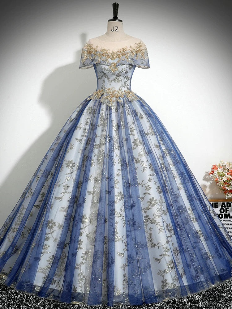 A-Line Tulle Sequin Lace Blue Long Prom Dress with Lace-Up Back
