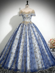 A-Line Tulle Sequin Lace Blue Long Prom Dress with Lace-Up Back