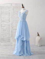 A-line V-Neck Floor-Length Chiffon Lace Prom Dress with Layered Cascading Skirt