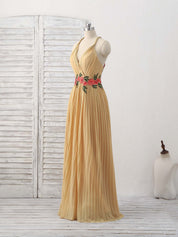 A-line V Neck Floor-Length Chiffon Prom Dress with Floral Embroidery