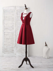 A-line Deep V Neck Knee-Length Satin Homecoming Dress with Crisscross Straps