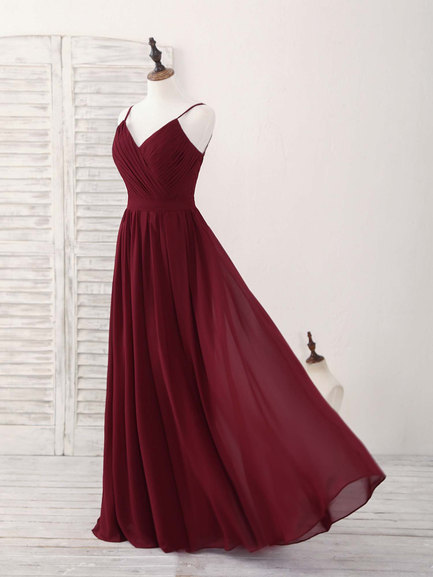 Simple A-Line V-Neck Floor-Length Burgundy Chiffon Lace-Up Prom Dress