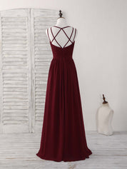 Simple A-Line V-Neck Floor-Length Burgundy Chiffon Lace-Up Prom Dress