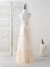 A-line Strapless Floor-Length Tulle Lace Prom Dress with 3D Floral Appliqué Overlay