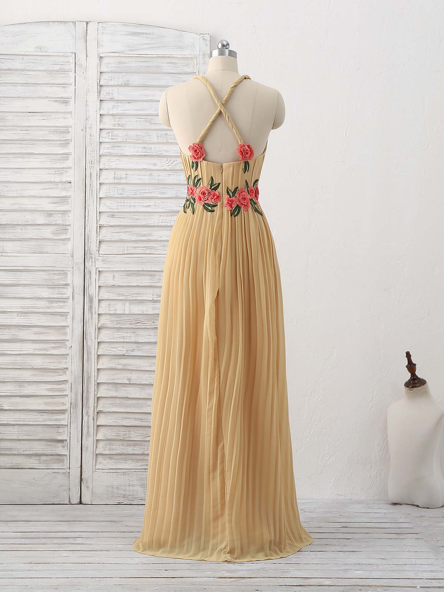 A-line V Neck Floor-Length Chiffon Prom Dress with Floral Embroidery