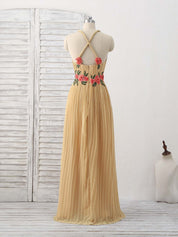 A-line V Neck Floor-Length Chiffon Prom Dress with Floral Embroidery