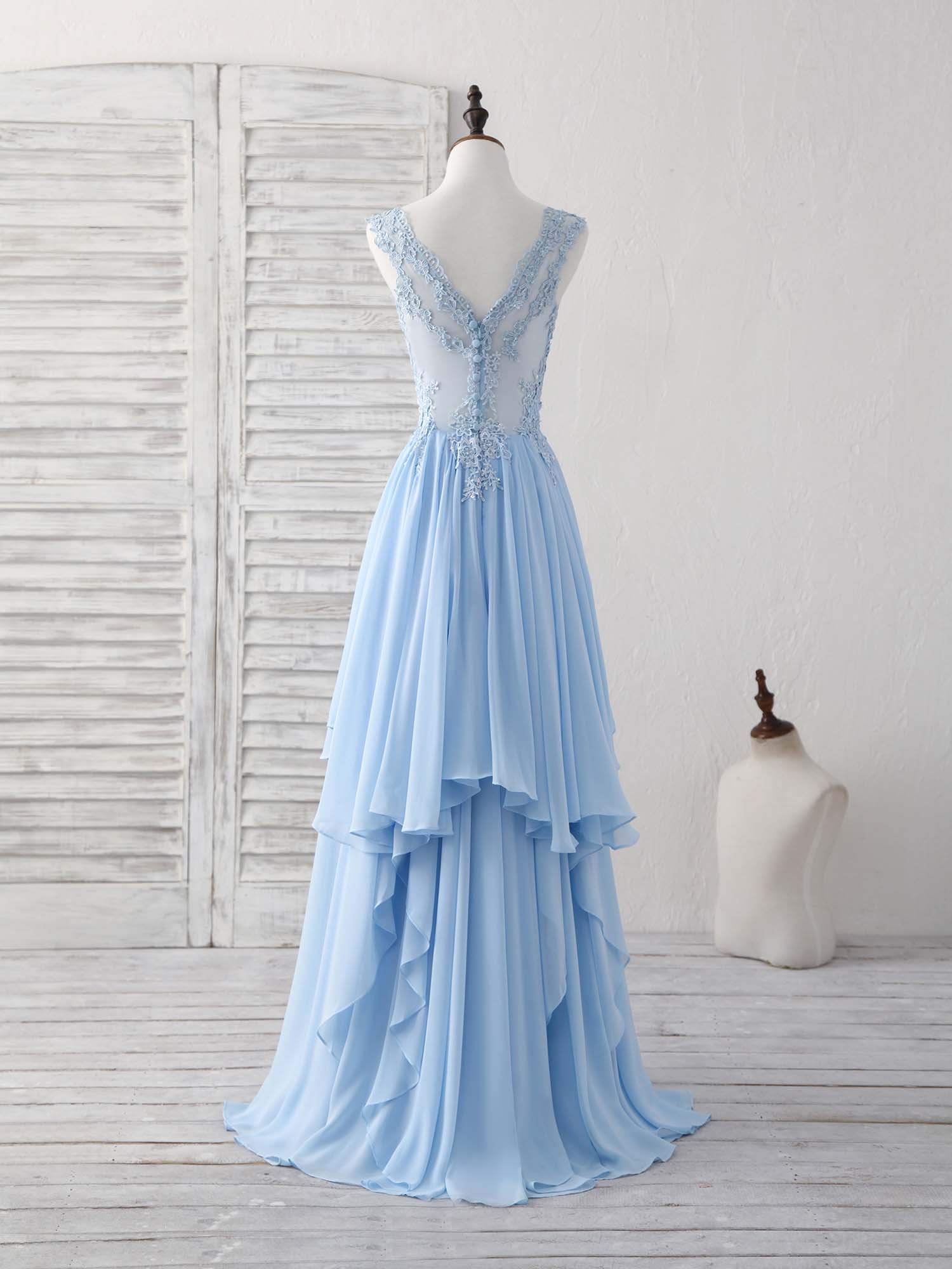 A-line V-Neck Floor-Length Chiffon Lace Prom Dress with Layered Cascading Skirt