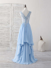 A-line V-Neck Floor-Length Chiffon Lace Prom Dress with Layered Cascading Skirt