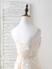 A-line Strapless Floor-Length Tulle Lace Prom Dress with 3D Floral Appliqué Overlay