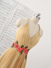 A-line V Neck Floor-Length Chiffon Prom Dress with Floral Embroidery