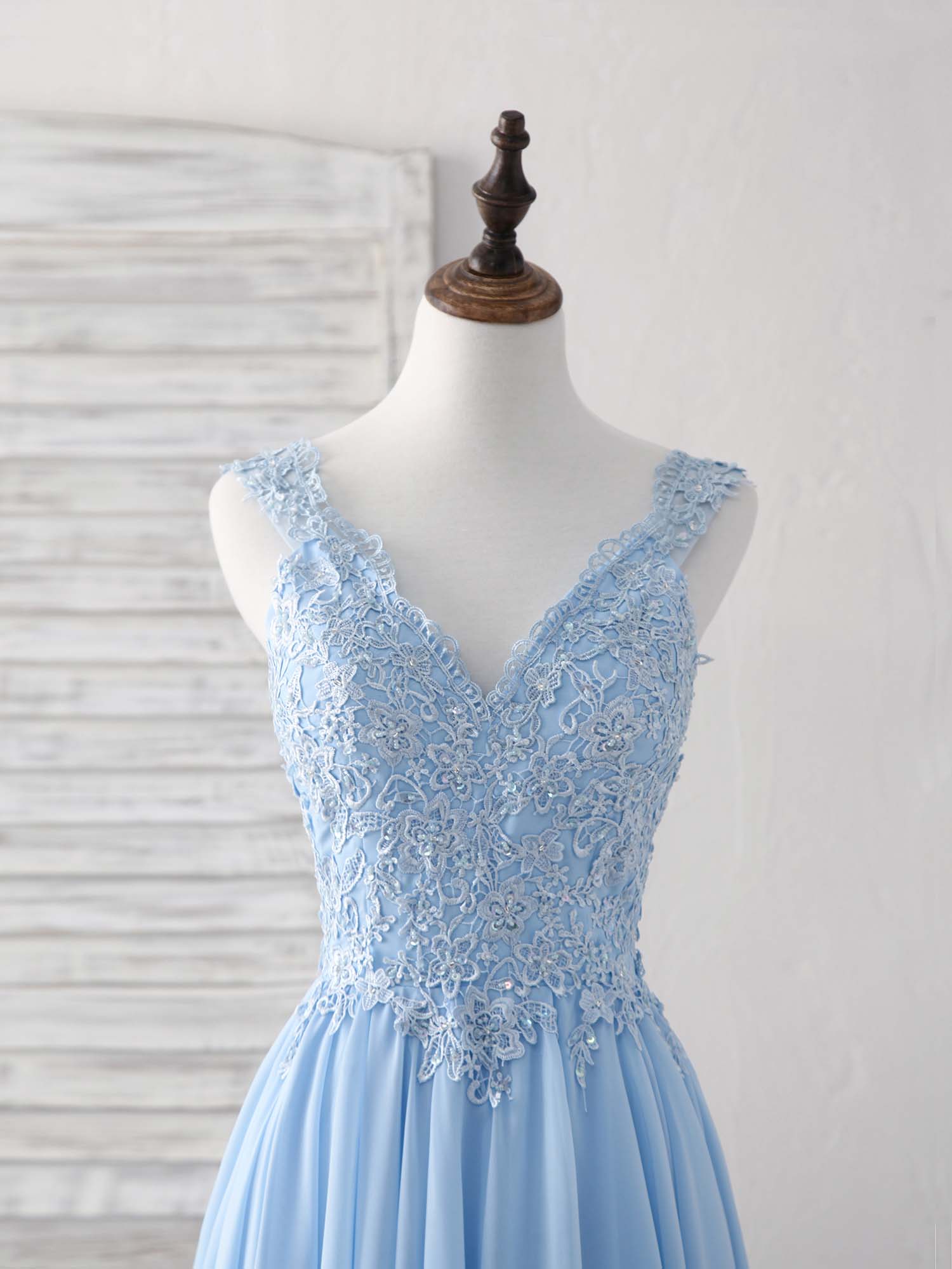 A-line V-Neck Floor-Length Chiffon Lace Prom Dress with Layered Cascading Skirt