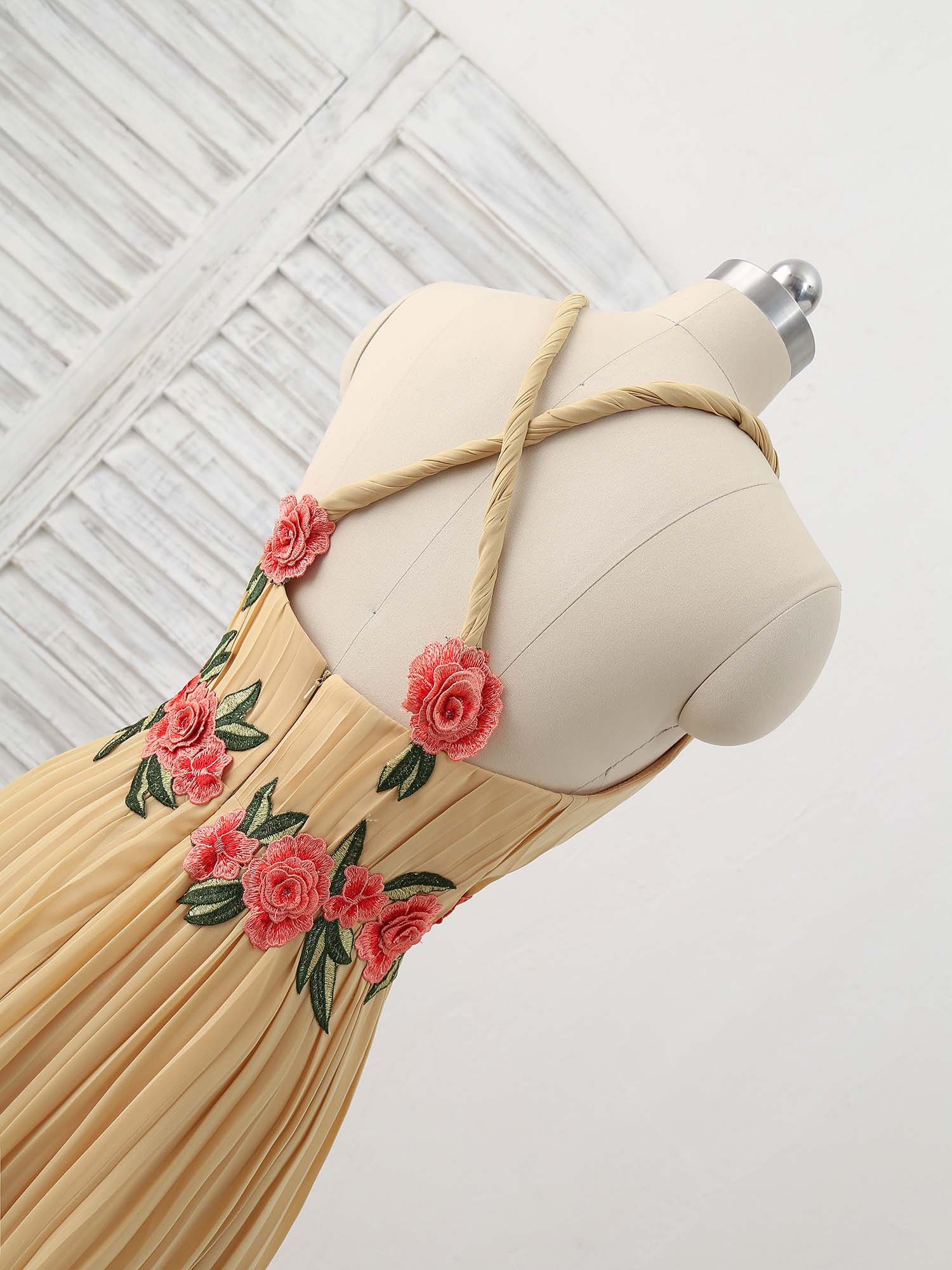 A-line V Neck Floor-Length Chiffon Prom Dress with Floral Embroidery