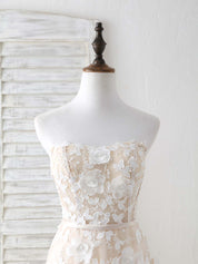 A-line Strapless Floor-Length Tulle Lace Prom Dress with 3D Floral Appliqué Overlay