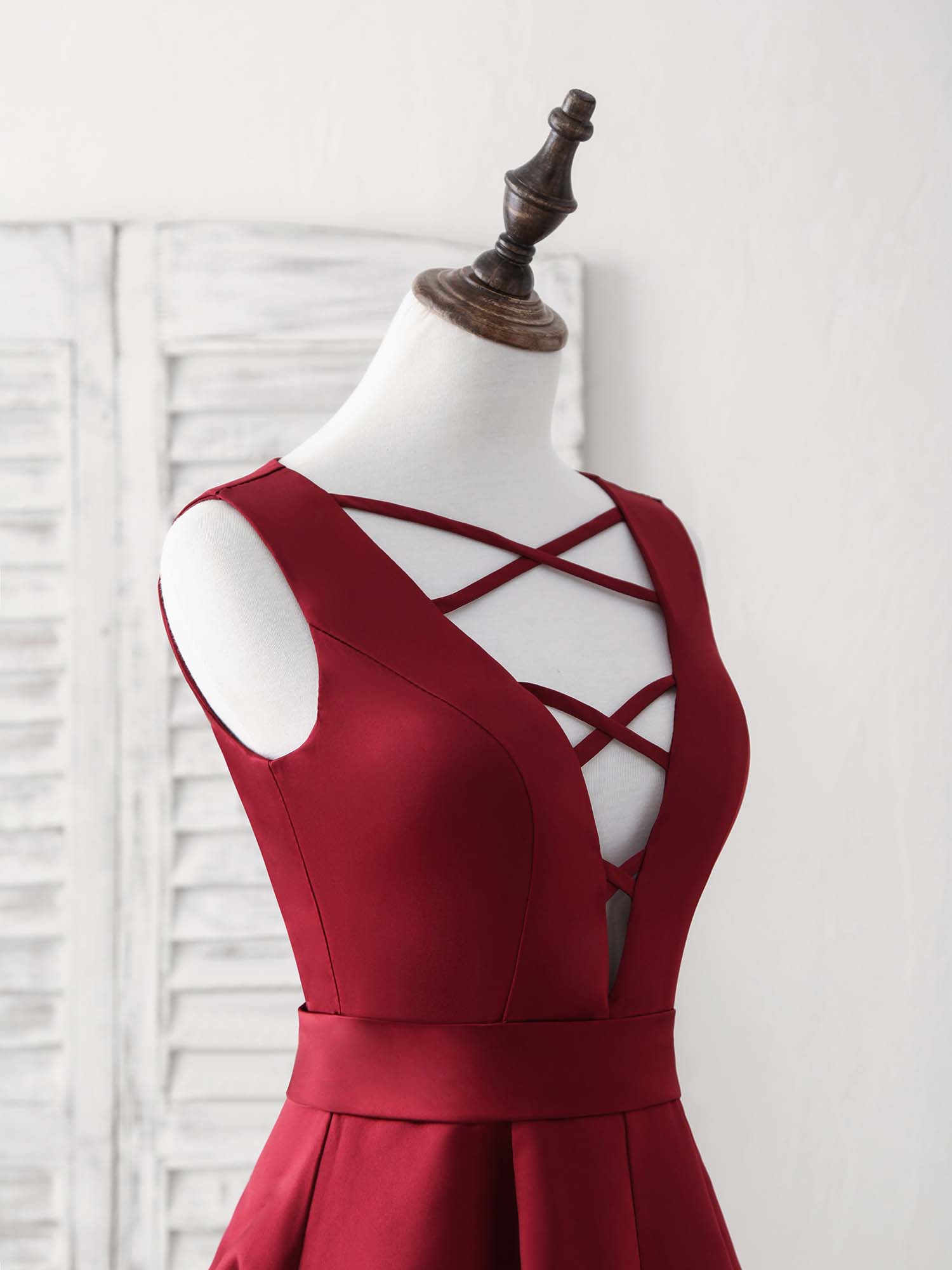 A-line Deep V Neck Knee-Length Satin Homecoming Dress with Crisscross Straps