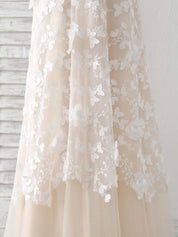 A-line Strapless Floor-Length Tulle Lace Prom Dress with 3D Floral Appliqué Overlay