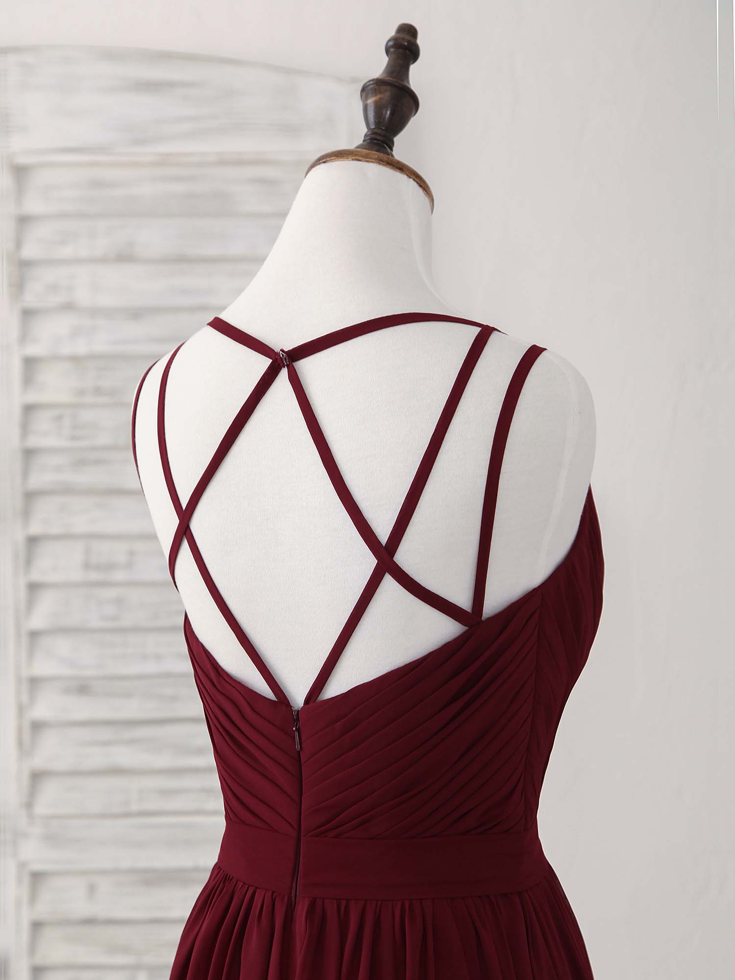 Simple A-Line V-Neck Floor-Length Burgundy Chiffon Lace-Up Prom Dress