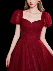 A-Line Sweetheart Neck Floor-Length Burgundy Tulle Prom Dress with Puff Sleeves