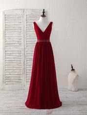 A-Line V-Neck Floor-Length Chiffon Dress with Beaded Waistline Prom Dress
