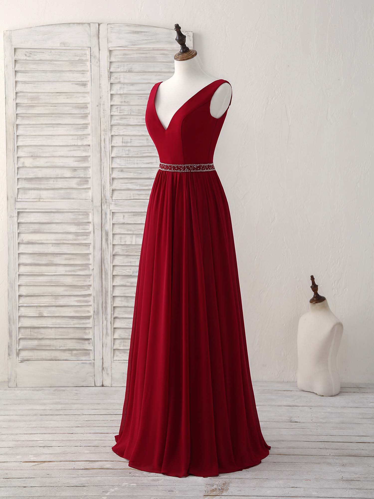 A-Line V-Neck Floor-Length Chiffon Dress with Beaded Waistline Prom Dress