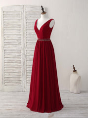 A-Line V-Neck Floor-Length Chiffon Dress with Beaded Waistline Prom Dress